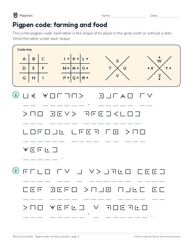 Pigpen code: farming and food: secret code puzzle for Grade 12, page 1 preview