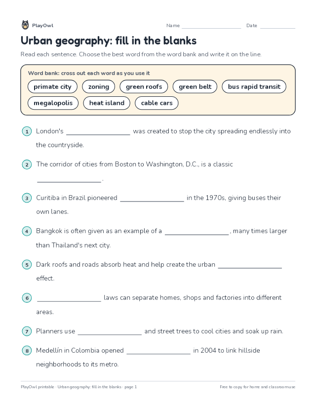 Urban geography: fill in the blanks: fill-in-the-blank worksheet for Grade 12, page 1 preview