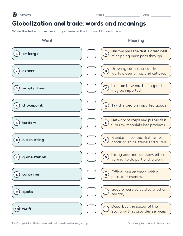 Globalization and trade: words and meanings: matching worksheet for Grade 12, page 1 preview