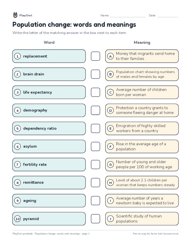 Population change: words and meanings: matching worksheet for Grade 12, page 1 preview