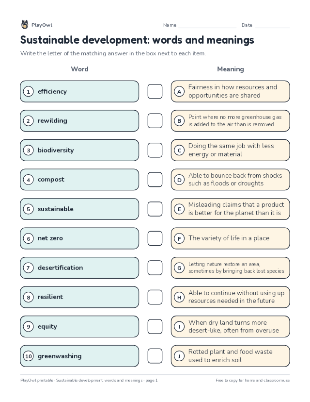 Sustainable development: words and meanings: matching worksheet for Grade 12, page 1 preview