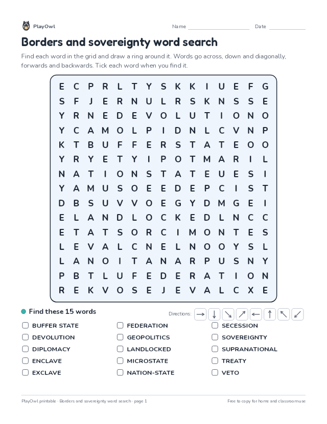 Borders and sovereignty word search: word search for Grade 12, page 1 preview