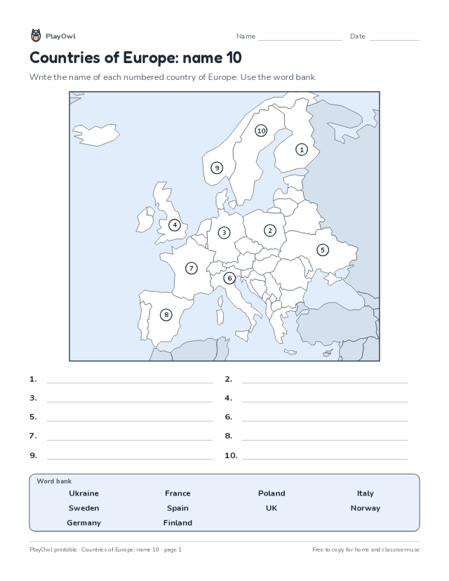 Countries of Europe: name 10: map worksheet for Grade 12, page 1 preview