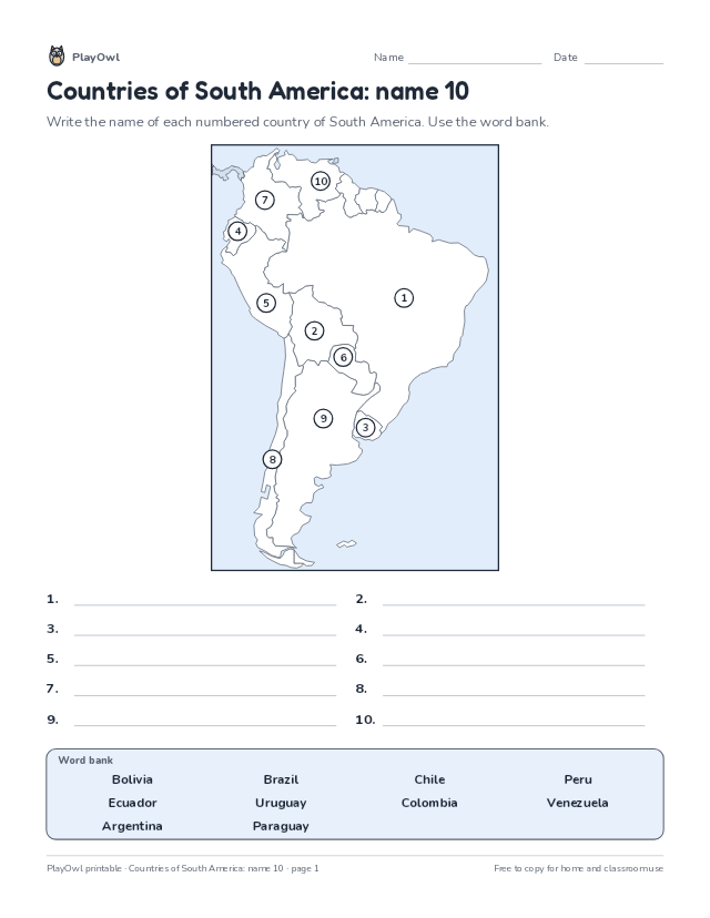 Countries of South America: name 10: map worksheet for Grade 12, page 1 preview
