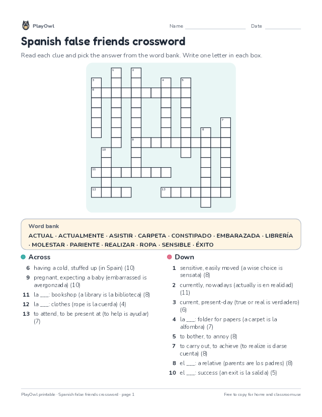 Spanish false friends crossword: crossword puzzle for Grade 12, page 1 preview