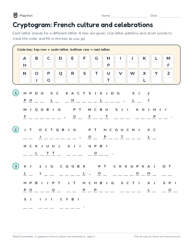 Cryptogram: French culture and celebrations: secret code puzzle for Grade 12, page 1 preview