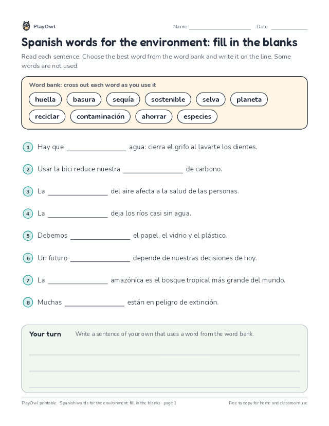 Spanish words for the environment: fill in the blanks: fill-in-the-blank worksheet for Grade 12, page 1 preview