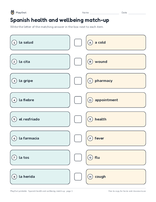 Spanish health and wellbeing match-up: matching worksheet for Grade 12, page 1 preview
