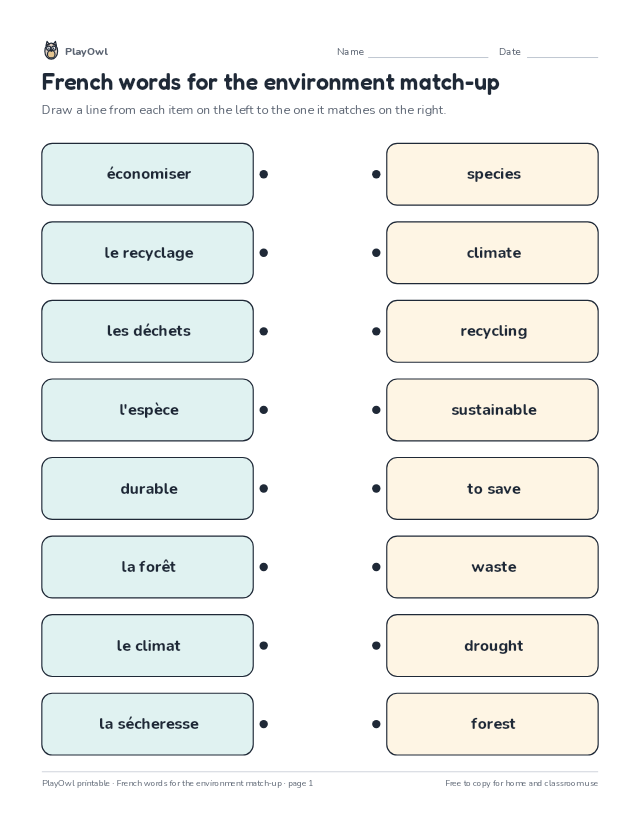 French words for the environment match-up: matching worksheet for Grade 12, page 1 preview
