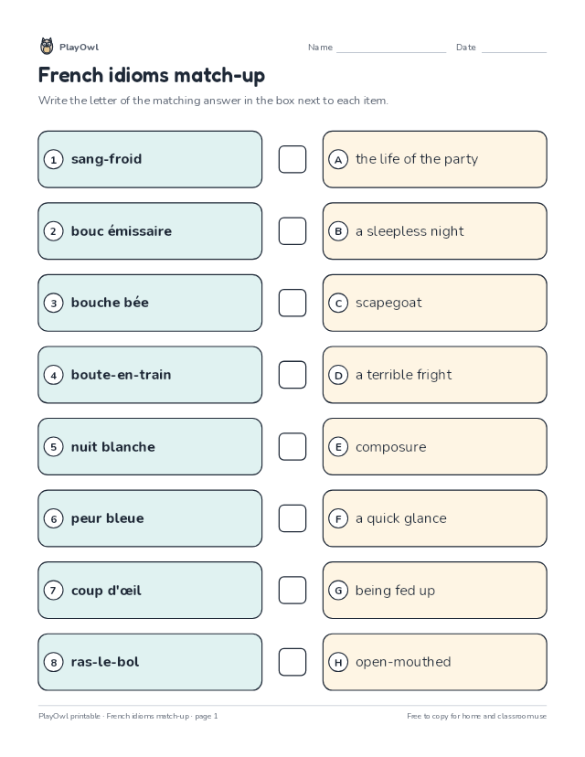French idioms match-up: matching worksheet for Grade 12, page 1 preview