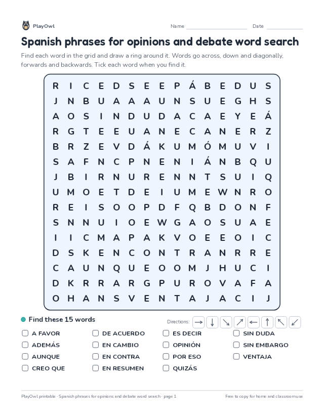 Spanish phrases for opinions and debate word search: word search for Grade 12, page 1 preview
