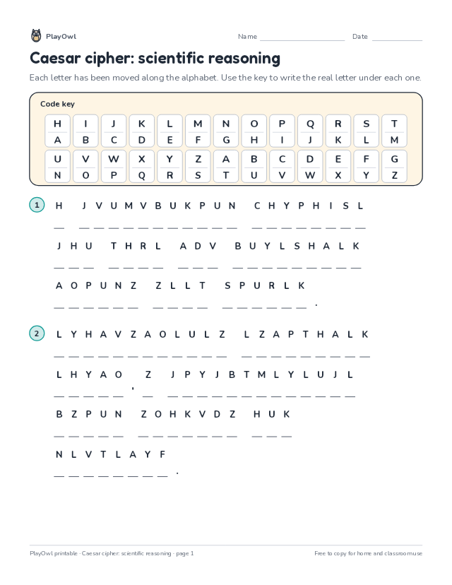 Caesar cipher: scientific reasoning: secret code puzzle for Grade 12, page 1 preview