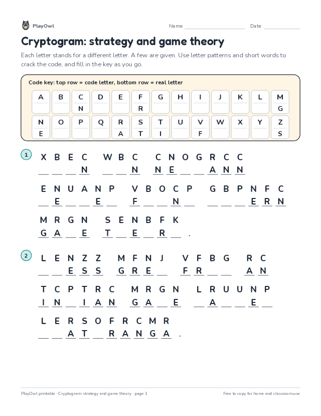 Cryptogram: strategy and game theory: secret code puzzle for Grade 12, page 1 preview