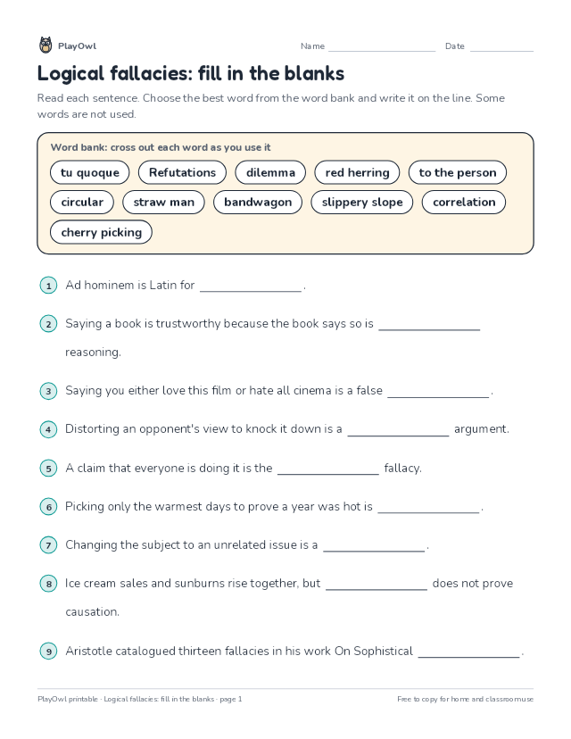 Logical fallacies: fill in the blanks: fill-in-the-blank worksheet for Grade 12, page 1 preview
