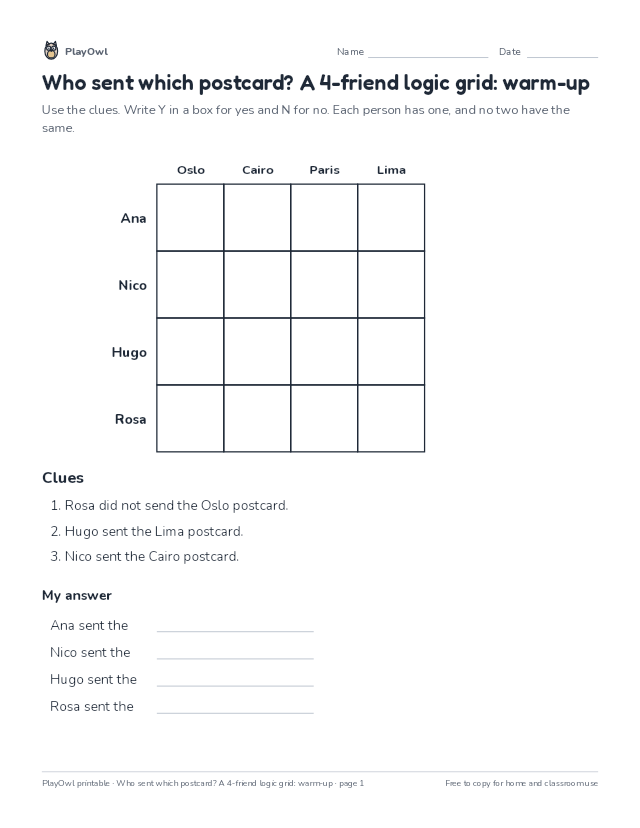 Who sent which postcard? A 4-friend logic grid: warm-up: logic puzzle for Grade 12, page 1 preview
