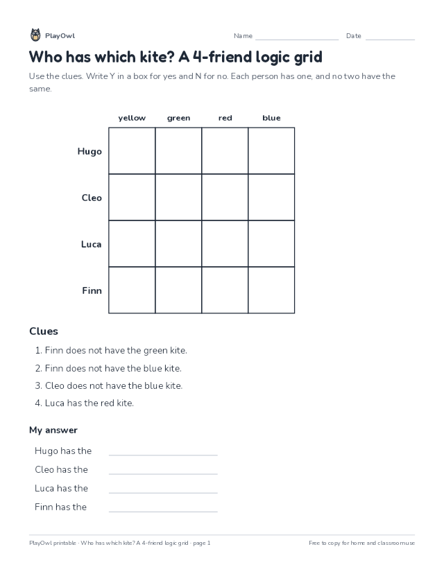 Who has which kite? A 4-friend logic grid: logic puzzle for Grade 12, page 1 preview