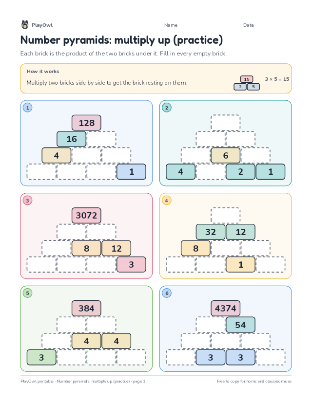 Number pyramids: multiply up (practice): math puzzle for Grade 12, page 1 preview
