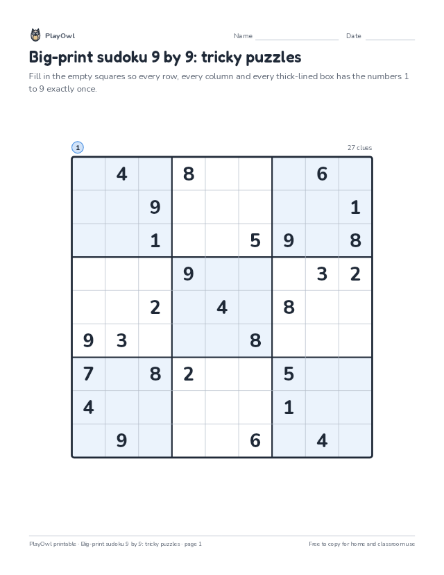 Big-print sudoku 9 by 9: tricky puzzles: sudoku puzzle for Grade 12, page 1 preview
