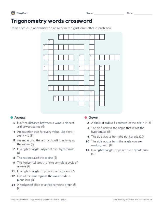 Trigonometry words crossword: crossword puzzle for Grade 12, page 1 preview