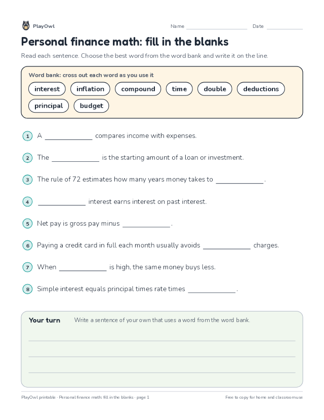 Personal finance math: fill in the blanks: fill-in-the-blank worksheet for Grade 12, page 1 preview