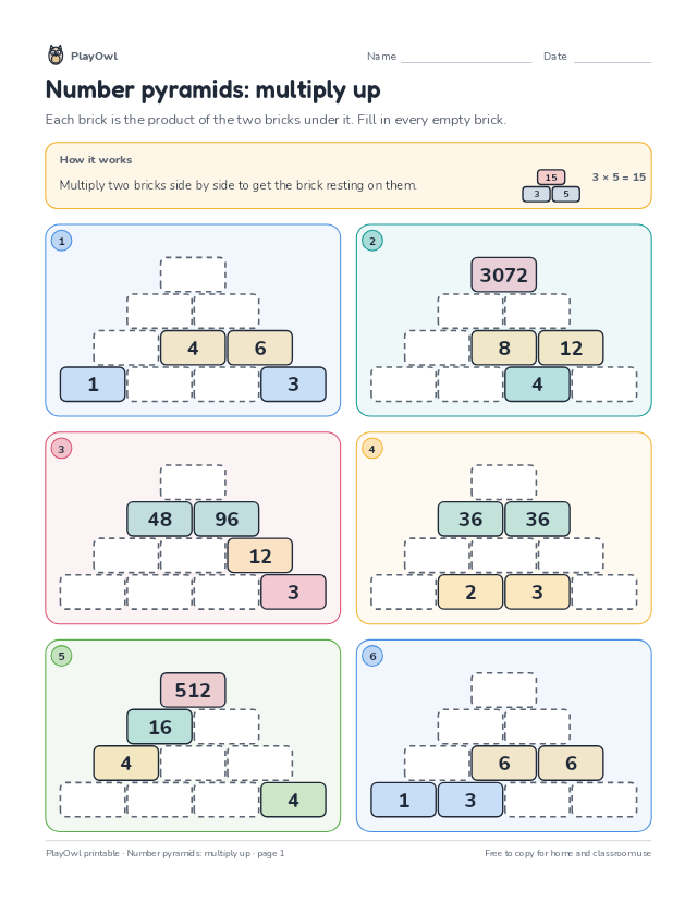 Number pyramids: multiply up: math puzzle for Grade 12, page 1 preview