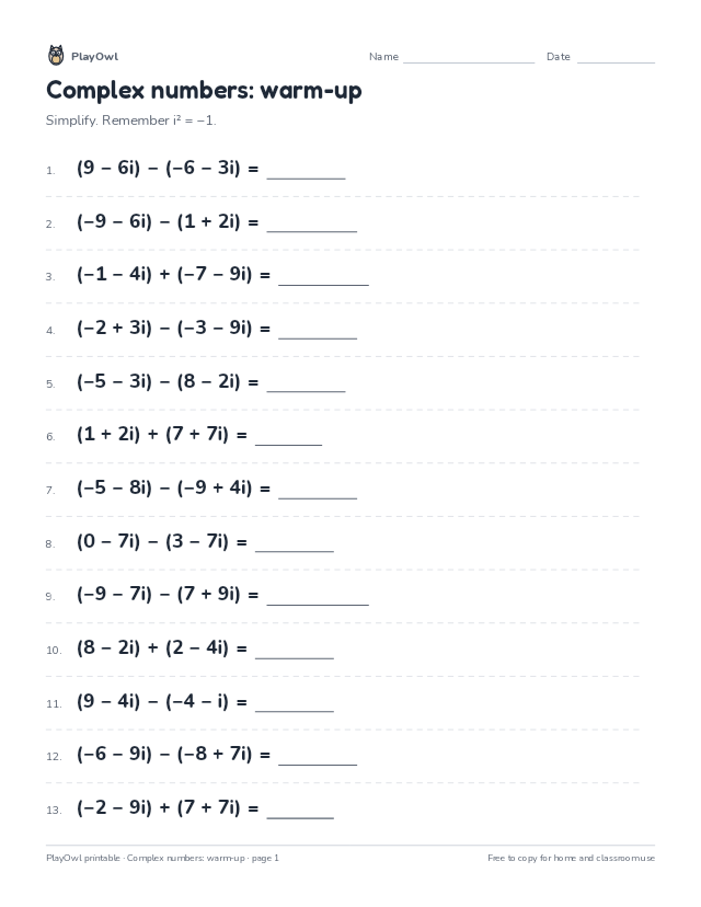 Complex numbers: warm-up: math worksheet for Grade 12, page 1 preview