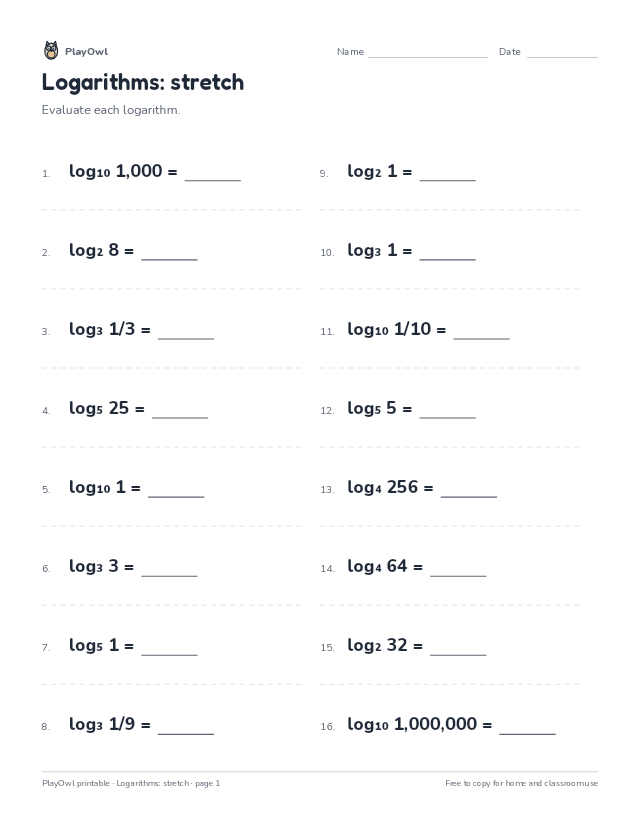 Logarithms: stretch: math worksheet for Grade 12, page 1 preview