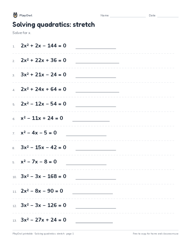 Solving quadratics: stretch: math worksheet for Grade 12, page 1 preview