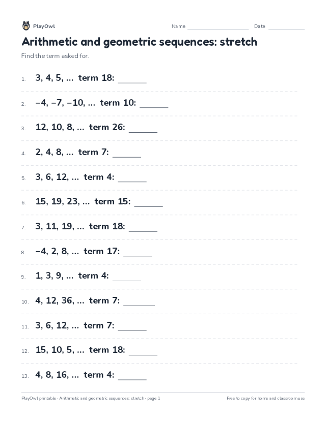 Arithmetic and geometric sequences: stretch: math worksheet for Grade 12, page 1 preview