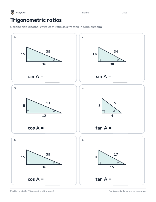 Trigonometric ratios: math worksheet for Grade 12, page 1 preview