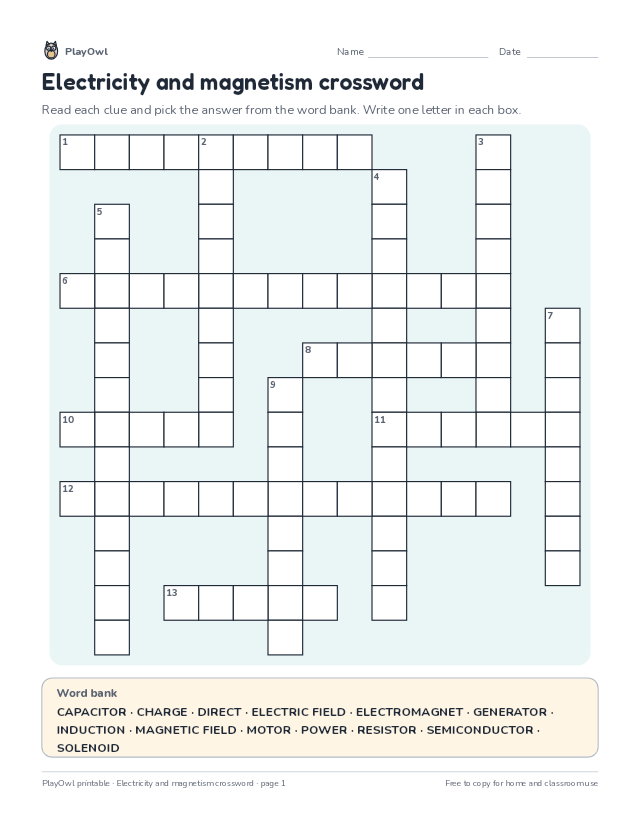 Electricity and magnetism crossword: crossword puzzle for Grade 12, page 1 preview