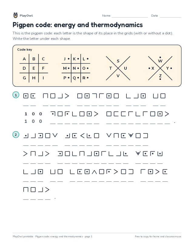 Pigpen code: energy and thermodynamics: secret code puzzle for Grade 12, page 1 preview