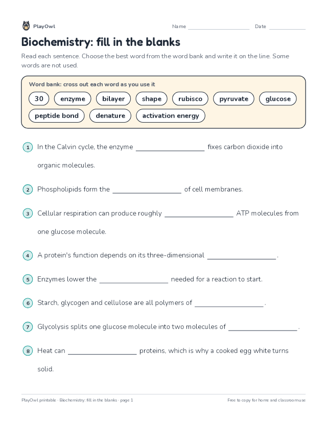Biochemistry: fill in the blanks: fill-in-the-blank worksheet for Grade 12, page 1 preview