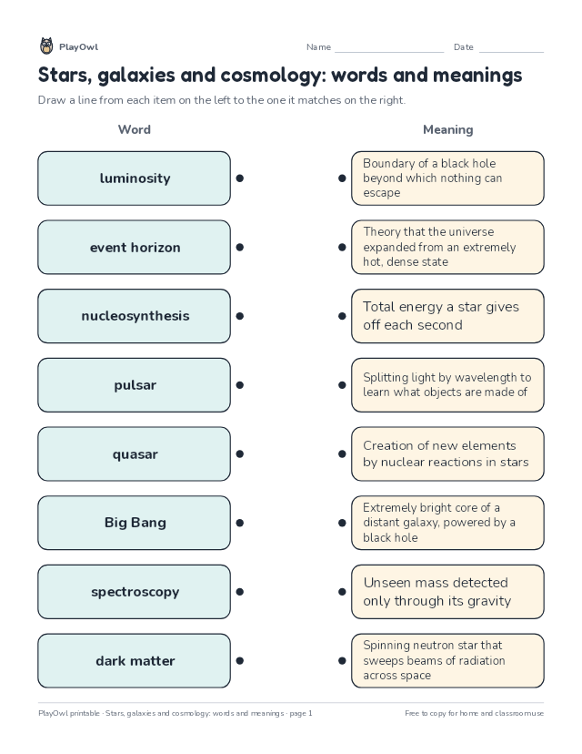 Stars, galaxies and cosmology: words and meanings: matching worksheet for Grade 12, page 1 preview