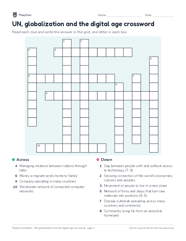 UN, globalization and the digital age crossword: crossword puzzle for Grade 12, page 1 preview