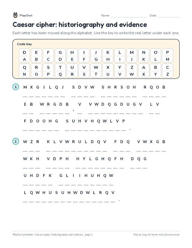 Caesar cipher: historiography and evidence: secret code puzzle for Grade 12, page 1 preview