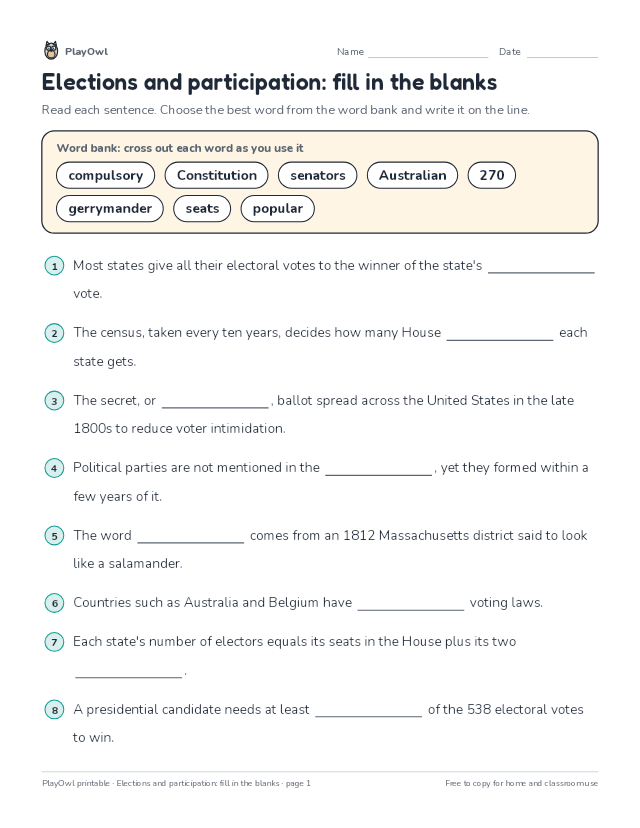 Elections and participation: fill in the blanks: fill-in-the-blank worksheet for Grade 12, page 1 preview