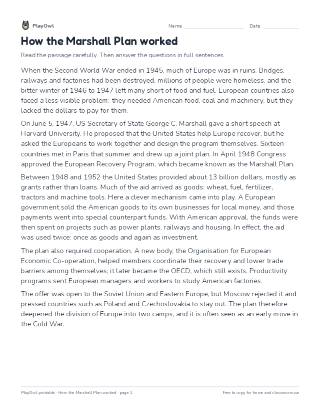 How the Marshall Plan worked: reading passage for Grade 12, page 1 preview