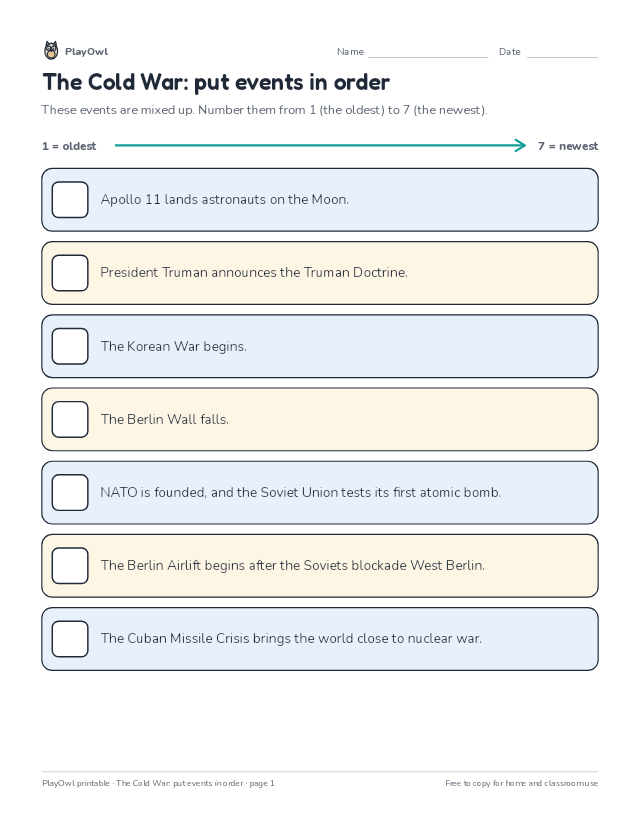 The Cold War: put events in order: timeline worksheet for Grade 12, page 1 preview