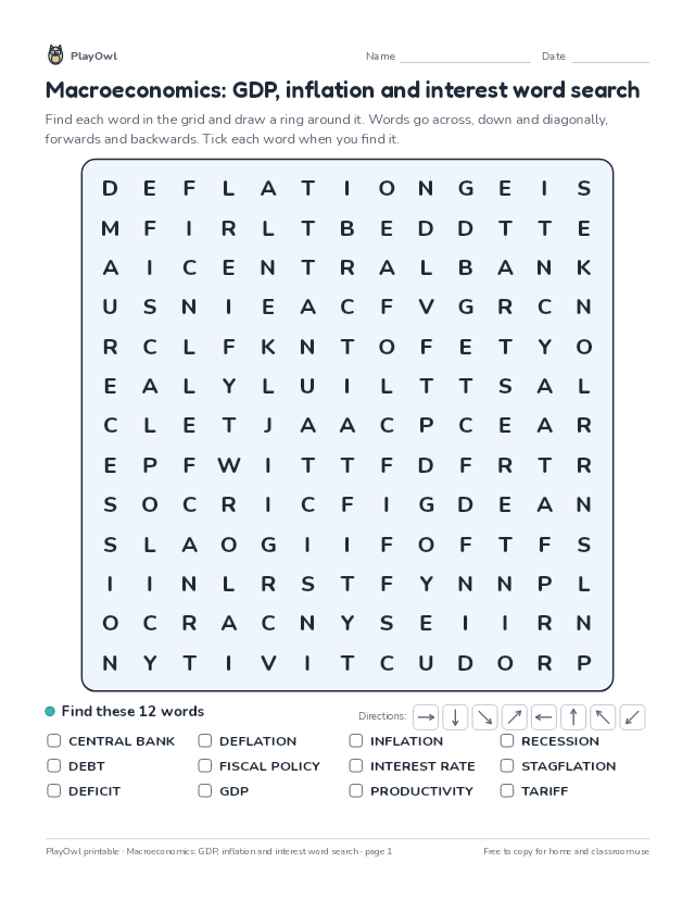 Macroeconomics: GDP, inflation and interest word search: word search for Grade 12, page 1 preview