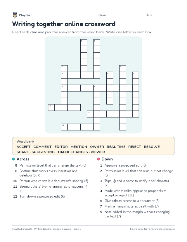 Writing together online crossword: crossword puzzle for Grade 12, page 1 preview