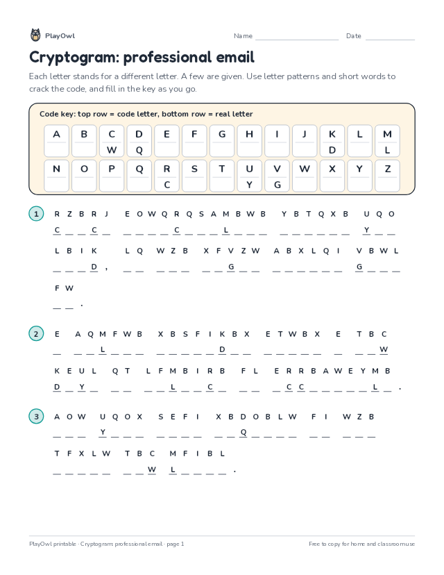 Cryptogram: professional email: secret code puzzle for Grade 12, page 1 preview