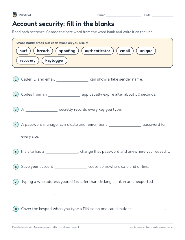 Account security: fill in the blanks: fill-in-the-blank worksheet for Grade 12, page 1 preview