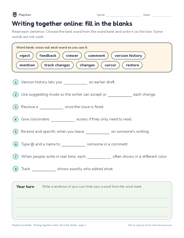 Writing together online: fill in the blanks: fill-in-the-blank worksheet for Grade 12, page 1 preview