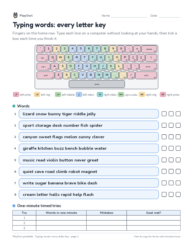 Typing words: every letter key: typing worksheet for Grade 12, page 1 preview