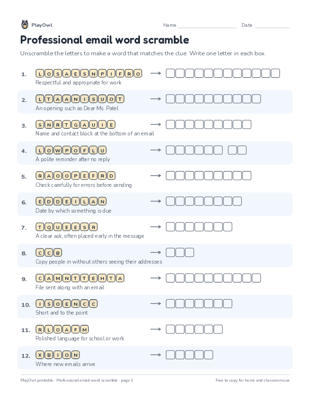 Professional email word scramble: word scramble for Grade 12, page 1 preview