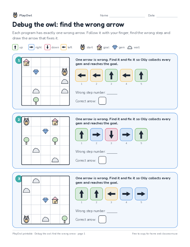 Debug the owl: find the wrong arrow: coding puzzle for Grade 2, page 1 preview