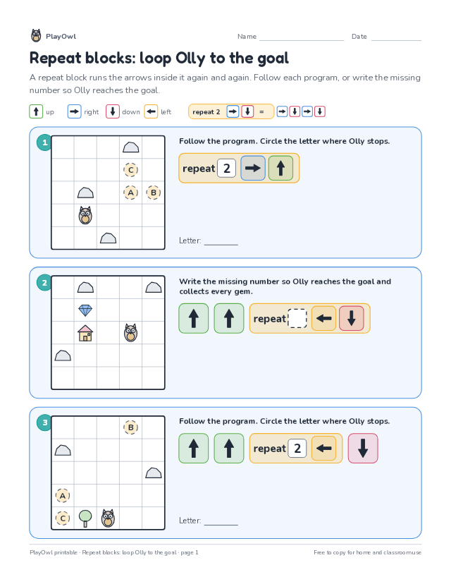 Repeat blocks: loop Olly to the goal: coding puzzle for Grade 2, page 1 preview