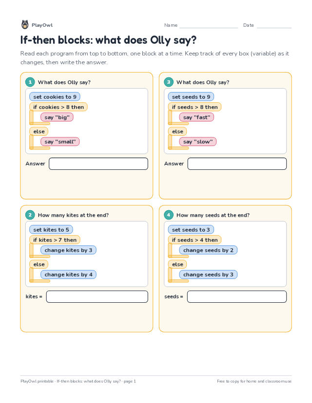 If-then blocks: what does Olly say?: coding worksheet for Grade 2, page 1 preview