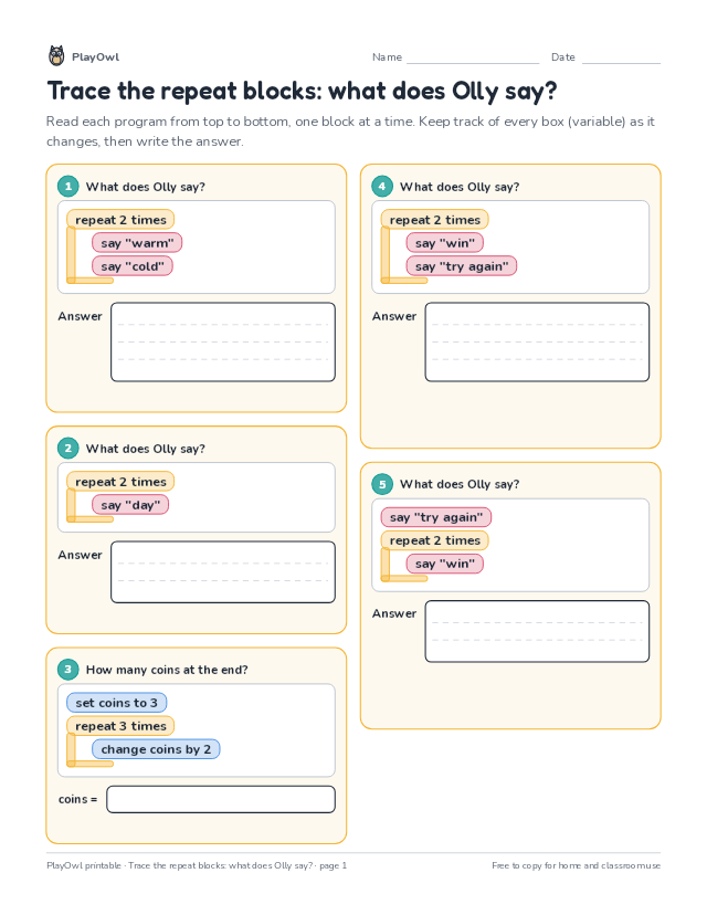 Trace the repeat blocks: what does Olly say?: coding worksheet for Grade 2, page 1 preview